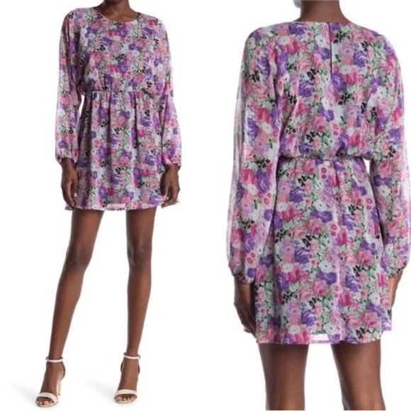 Wayf Long Sleeve Floral Print Mini Dress. Size S. Purple/Pink. Batwing Sleeve. - Picture 1 of 9